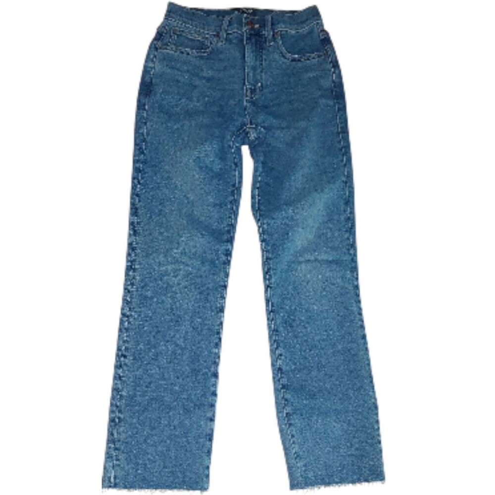 J Crew Factory Essential Straight Jeans 24 Frayed Hem Medium Blue Denim Cotton